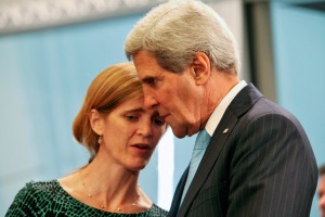 U.S. Secretary of State John Kerry (L) speaks with United States Ambassador to the United Nations Samantha Power during the United Nations Security Council meeting ( photo: (Sept. 18, 2014 - Source: Eduardo Munoz Alvarez/Getty Images North America )