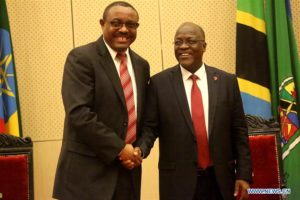 Tanzanian President John Magufuli (R) meets with the visiting Ethiopian Prime Minister Hailemariam Desalegn at State House in Dar es Salaam, Tanzania, March 31, 2017. (Xinhua/Anthony Siame)