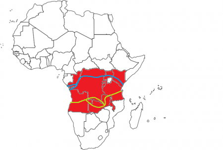 Rouge : Pays dont la stabilité affecte directement ou indirectement la viabilité des projets de la Chine. Bleu : Route transocéanique africaine du Nord. Vert : Route transocéanique africaine du Sud.
