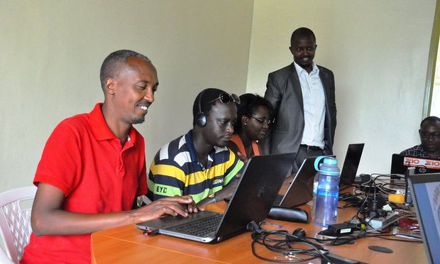 Jean Baptiste Bireha, left, in the Radio Inzamba newsroom in Kigali. Photograph: Ssuuna Katera https://www.theguardian.com/world/2016/nov/07/burundi-guerrilla-media-president-suppress-truth 
