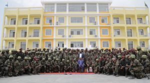 Photo : President John Magufuli poses with commandos during the opening of the new Chinese-built Comprehensive Training Centre on 6 February. (Office of the President (Tanzania))