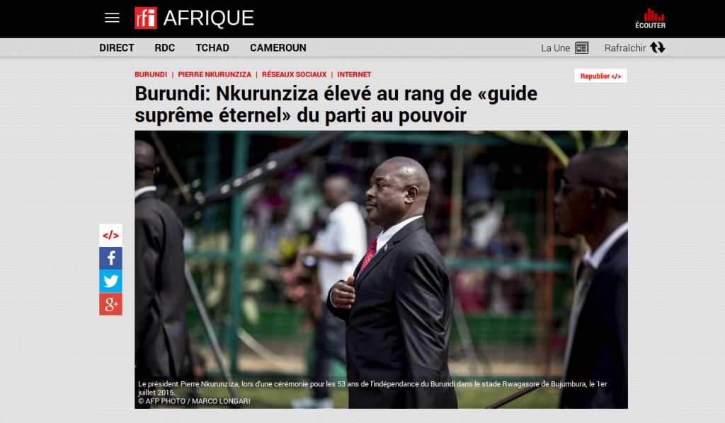 Le DESORDRE : RFI insulte le Président du Burundi ... Dans la Tradition Africaine, insulter un Chef d'Etat est un péché. Cela ne se fait pas et cela porte malheur. Quand vous insultez le Président du Burundi, ce sont les confréries du Léopard, du Lion et de l'Elephant qui sont interpellées. Nkurunziza Pierre est Président du Burundi grâce à l'alliance des clans majoritaires Barundi. L'Afrique ce n'est pas votre EUROPE. Elle obéit à un autre paradigme : Celui des Peuples COMMUNAUTAIRES. Il faut apprendre à respecter les autres, surtout dans un monde qui tourne vers l'Asie, qui comme l'Afrique, est complexe. L'Afrique et l'Asie ne sont pas l'occident. Le Monde tourne vers la complexité ( cfr. Morin). Autrefois le Burundi était un Royaume millénaire africain -Ingoma y'Uburundi -, avec des institutions stables ne produisant pas de génocides ou de guerres chaque décennie. Là réside l'enjeu pour les Barundi de retrouver leur propre paradigme ! Après l'Esclavage, la Colonisation, et le Néocolonisalisme qui ont fait plus de 250 Millions de Victimes africaines, il met difficile de percevoir la leçon à donner aux Barundi, en termes de Droits de l'Homme ou de manière de s'organiser... ( AGNEWS 2018 )
