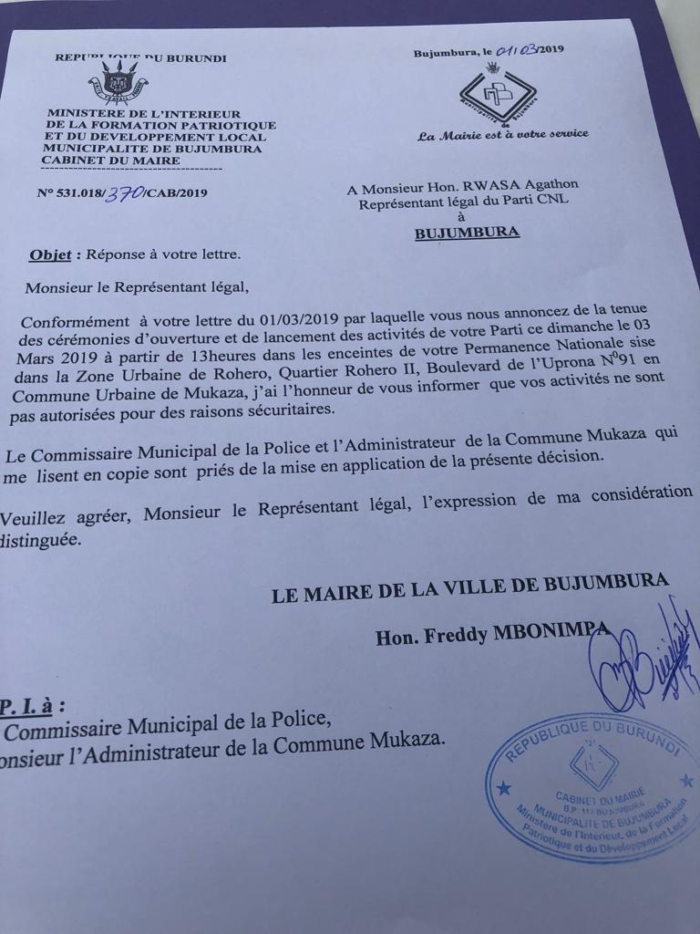 Burundi : Dispute entre le Maire de Bujumbura et Rwasa, patron du CNL ( Photo : INTUMWA – 2019 )