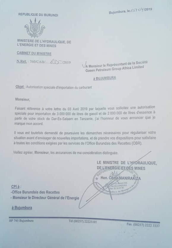 Burundi : Gisen Petroleum Groupe Africa Limited - gasoil et essence ( Photo : INTUMWA  2019 )