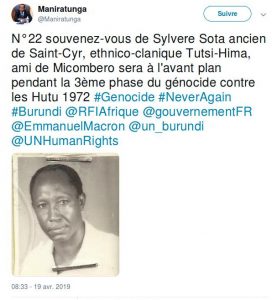 Burundi : Sota Sylvère, – Génocidaire – de 1972 -, agent de la France