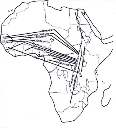 Peuplement d'Afrique - carte des migrations des populations négro-africaines à partir de la région du Haut-Nil et des Grands Lacs (d'après C.A. DIOP)