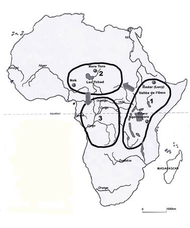 Carte relative à l'origine préhistorique des TWA ou BATWA
