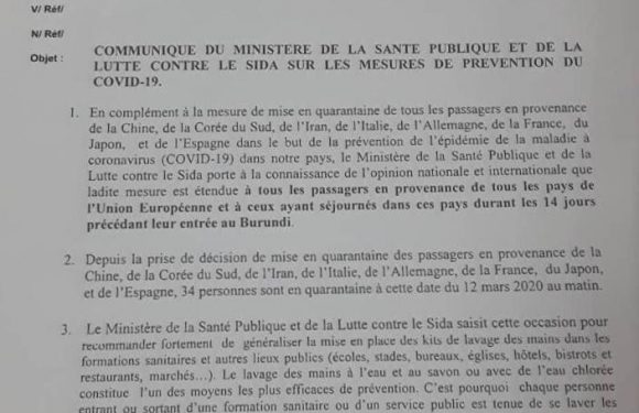 Burundi / COVID-19 : Mise en quarantaine de 14 jours pour tous les passagers de l’UE
