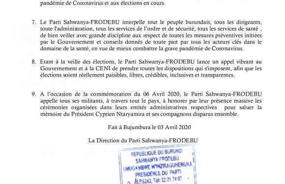 Burundi : SAHWANYA-FRODEBU et les 26 ans après Feu NTARYAMIRA Cyprien