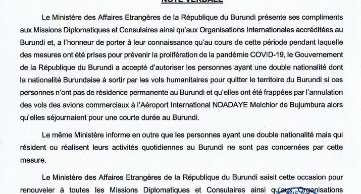 Burundi / COVID-19 : Conditions de voyage pour les binationaux