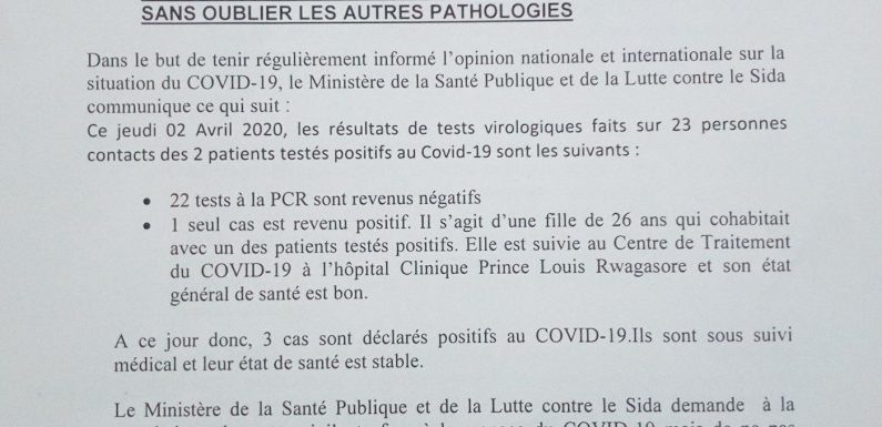 Burundi / COVID-19 : Compteur à 3 cas positifs – Jeudi 2 Avril 2020