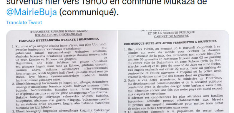 BURUNDI : TERRORISME – 2 morts suite à 3 grenades lancées sur la foule à BUJUMBURA