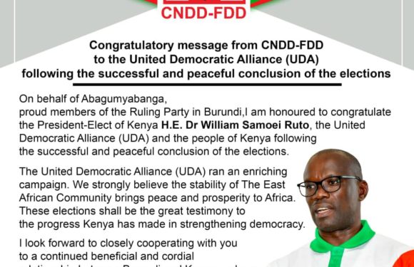 Burundi / Kenya – Elections 2022 : Le CNDD-FDD félicite S.E. Ruto Williams et l’UDA