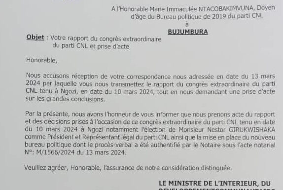Burundi : Girukwishaka Nestor officiellement à la tête du CNL.