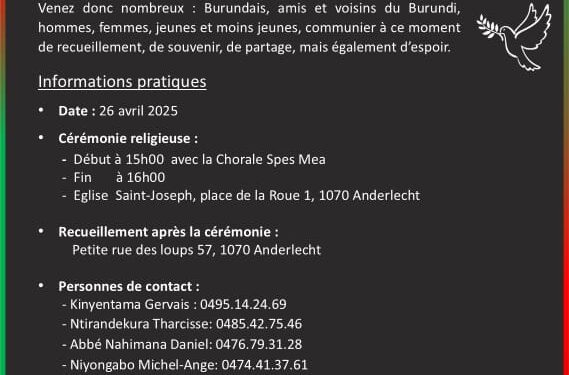 Burundi / Agenda : 26-04-2025, Bruxelles, Commémoration du Génocide contre les Hutu de 1972