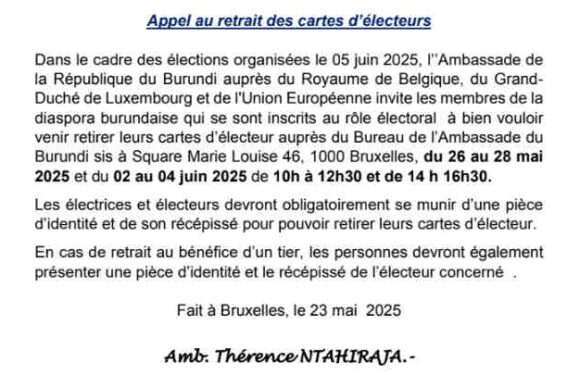 Burundi / Diaspora – Elections 2025 : Appel au retrait des cartes d’électeurs à Bruxelles, Belgique