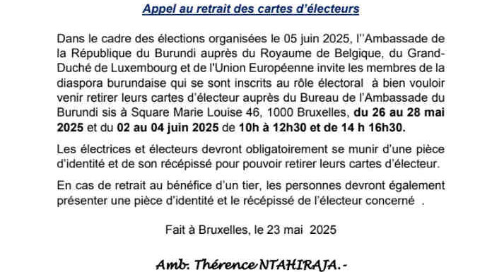 Burundi / Diaspora – Elections 2025 : Appel au retrait des cartes d’électeurs à Bruxelles, Belgique