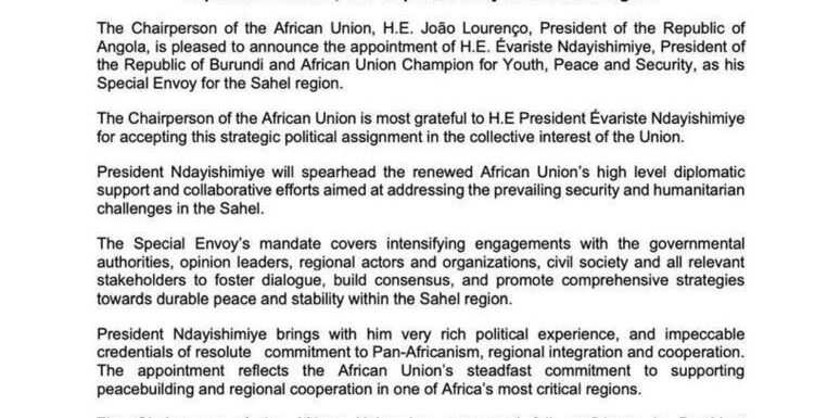 Burundi : Ndayishimiye, envoyé spécial de l’UA au Sahel