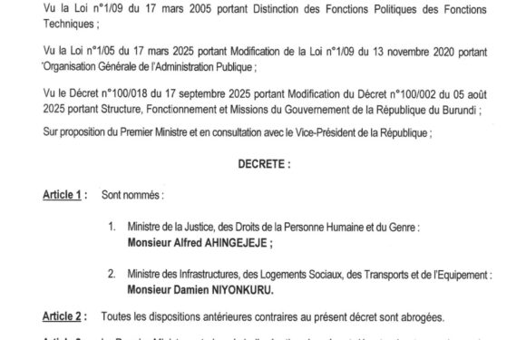 Burundi : Deux ministres remplacés par décret présidentiel