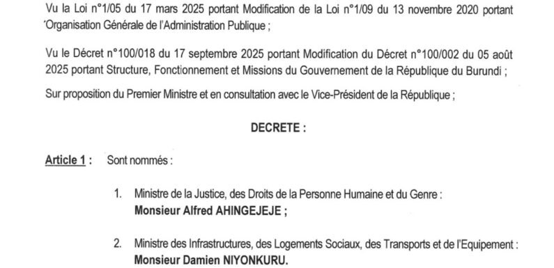 Burundi : Deux ministres remplacés par décret présidentiel