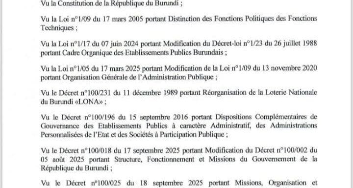 Burundi : De nouvelles nominations dans des institutions publiques et sociétés socio-économiques