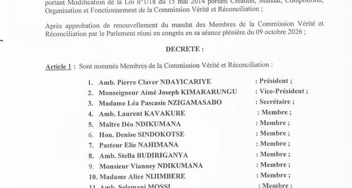 Burundi / Histoire : Le Président Ndayishimiye Evariste nomme les 13 membres de la CVR